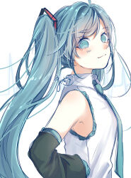 Rule 34 | 1girl, absurdres, aqua eyes, aqua hair, aqua necktie, blush, detached sleeves, from side, hatsune miku, highres, long hair, looking at viewer, looking to the side, mai mugi, necktie, shirt, signature, sleeveless, sleeveless shirt, smile, solo, twintails, upper body, vocaloid, white shirt