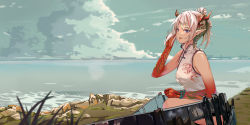 Rule 34 | 1girl, :p, absurdres, arknights, auguste, bare shoulders, braid, china dress, chinese clothes, cloud, commentary, dress, hand up, highres, horns, looking at viewer, multicolored hair, nian (arknights), nian (unfettered freedom) (arknights), official alternate costume, outdoors, pointy ears, purple eyes, red hair, short hair, silver hair, sleeveless, sleeveless dress, smile, solo, streaked hair, tongue, tongue out, water, white dress