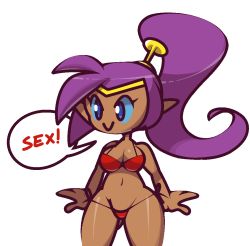 Rule 34 | 1girl, arms at sides, bikini, blue eyes, blue sclera, circlet, closed mouth, colored sclera, cowboy shot, dark-skinned female, dark skin, english text, female focus, gluteal fold, groin, happy, jaggy lines, long hair, navel, pointy ears, ponytail, purple hair, red bikini, shantae, shantae (series), shiny skin, sidelocks, simple background, smile, solo, speech bubble, standing, stomach, string bikini, swimsuit, talking, vilepluff, white background