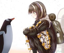 Rule 34 | 1girl, arknights, backpack, bad id, bad pixiv id, bag, belt, bird, blush, brown hair, closed mouth, formal, from side, highres, long sleeves, magallan (arknights), orange eyes, penguin, ryn (rinorea), short hair, smile, snow, solo, squatting, suit, white hair