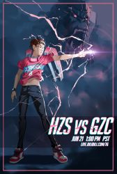 Rule 34 | 1boy, absurdres, character name, cosplay, electricity, esports, finger gun, full body, guxue (gamer), hangzhou spark, highres, jersey, navel, official art, overwatch, overwatch 1, overwatch league, pants, poster (medium), real life, shoes, sneakers, winston (overwatch), winston (overwatch) (cosplay)