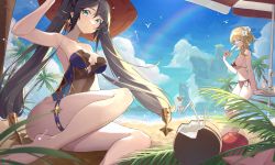 Rule 34 | 3girls, absurdres, apple, arm up, bare shoulders, barefoot, beach, beach umbrella, bikini, bird, black bikini, black hair, blonde hair, breasts, cleavage, closed mouth, cloud, cup, day, flower, food, fruit, genshin impact, green eyes, hair flower, hair ornament, hat, highres, lens flare, leotard, ling yu (15974115107), looking at viewer, lumine (genshin impact), medium breasts, medium hair, micro bikini, mona (genshin impact), multiple girls, outdoors, palm tree, popsicle, rainbow, rock, running, sand, sitting, solo focus, standing, swimsuit, table, thigh strap, tongue, tongue out, tree, twintails, umbrella, water, xinyan (genshin impact), yellow eyes