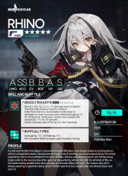 Rule 34 | 1girl, ahoge, artist name, black coat, black dress, black footwear, black gloves, black hair, breasts, character name, character profile, chiappa firearms, chiappa rhino, chinese text, cleavage, closed mouth, coat, dress, english text, frilled dress, frills, full body, girls&#039; frontline, gloves, gun, hair between eyes, half gloves, hand on own hip, handgun, holding, holding gun, holding weapon, holster, long hair, looking at viewer, low bore axis revolver, medium breasts, multicolored hair, official art, open clothes, open coat, oversized clothes, revolver, rhino (girls&#039; frontline), short sleeves, single half glove, solo, standing, stats, streaked hair, thigh holster, trigger discipline, very long hair, weapon, white hair, yellow eyes, youamo