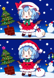 Rule 34 | 1girl, 2koma, 60mai, :d, bat wings, blue hair, blush, bow, bowtie, chibi, christmas, christmas ornaments, christmas tree, comic, commentary, crystal, dress, fang, flandre scarlet, fur-trimmed dress, fur trim, green bow, green bowtie, hat, hat bow, highres, holding, holding sack, medium hair, mob cap, open mouth, red bow, red dress, red headwear, remilia scarlet, sack, santa costume, santa hat, smile, snow, snowing, snowman, spot the differences, touhou, v-shaped eyebrows, white headwear, wings