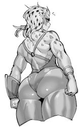 Rule 34 | 1girl, ass, bad id, bad tumblr id, bare shoulders, cheetara, clenched hand, flying sweatdrops, from behind, greyscale, highres, long hair, looking at viewer, looking back, mask, monochrome, muscular, o-ring, pantyhose, simple background, solo, synecdoche, thick arms, thick thighs, thighs, thundercats, toned, white background
