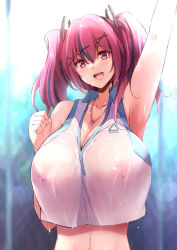 Rule 34 | 1girl, azur lane, breasts, bremerton (scorching-hot training) (azur lane), chain-link fence, crop top, crop top overhang, fence, goban, hair ornament, hand up, heart, heart necklace, huge breasts, looking at viewer, multicolored hair, necklace, nipples, no bra, outdoors, pink hair, purple hair, rain, red eyes, see-through, shirt, sleeveless, sleeveless shirt, sportswear, standing, streaked hair, tennis uniform, twintails, wet, wet clothes, x hair ornament