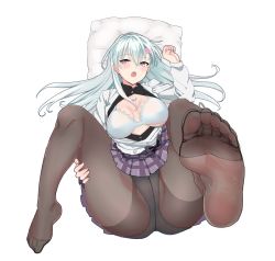 Rule 34 | 1girl, absurdres, blue hair, blush, bra, feet, highres, light blue hair, long hair, looking at viewer, lying, open clothes, open mouth, open shirt, panties, panties under pantyhose, pantyhose, pillow, pink eyes, skirt, soles, toes, transparent background, underwear