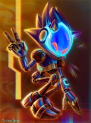 Rule 34 | 1boy, animal ears, armor, blue armor, blue light, chaos sonic, chicobrrr, fake animal ears, glowing, glowing eyes, highres, joints, looking at viewer, no humans, no mouth, red eyes, robot, robot joints, sonic (series), sonic prime, squatting, v