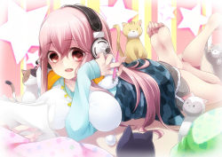 Rule 34 | 1girl, absurdres, barefoot, blush, breasts, cat, female focus, headphones, highres, large breasts, long hair, nitroplus, open mouth, pink hair, red eyes, smile, solo, super sonico, takamiya ren