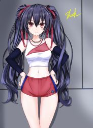 Rule 34 | arm warmers, bare shoulders, black hair, breasts, crop top, dolphin shorts, gym clothes, gym wear, highres, jewelry, long hair, medium breasts, necklace, neptune (series), noire (neptunia), red eyes, ribbon, shaah candidate, shorts, smile, sports bra, sportswear, sporty, sporty clothes, thighs, tsundere, twintails