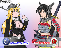Rule 34 | 2girls, admiral paru, armor, artist name, black hair, blonde hair, breasts, civilization (series), civilization v, cleavage, cosplay, dated, george washington, george washington (cosplay), huge breasts, iowa (kancolle), kantai collection, large breasts, long hair, multiple girls, nagato (kancolle), oda nobunaga, oda nobunaga (civilization), oda nobunaga (cosplay), pun, star-shaped pupils, star (symbol), symbol-shaped pupils