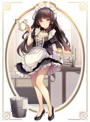 Rule 34 | 1girl, absurdres, apron, bad id, bad twitter id, bare legs, black choker, black dress, black footwear, black hair, black ribbon, blunt bangs, blush, book, breasts, bucket, cake, cake slice, candlestand, choker, cup, dampi, dress, food, frilled apron, frilled dress, frills, fruit, full body, grin, hand up, high heels, highres, holding, holding plate, holding teapot, long hair, looking at viewer, maid, maid headdress, original, pink eyes, plate, puffy short sleeves, puffy sleeves, ribbon, ribbon choker, short sleeves, small breasts, smile, solo, standing, strawberry, strawberry cake, tea set, teacup, teapot, waist apron, white apron, window