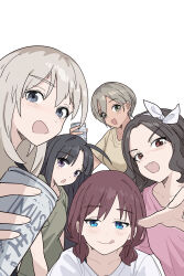 Rule 34 | ahoge, awa subaru, beer can, black hair, blue eyes, blush, brown eyes, brown hair, brown shirt, can, commentary request, drink can, ebizuka tomo, fang, girls band cry, grey eyes, grey hair, hair between eyes, highres, holding, holding can, iseri nina, kawaragi momoka, long hair, low twintails, multicolored hair, open mouth, parted bangs, pink shirt, red eyes, roots (hair), rupa (girls band cry), shirt, short hair, short sleeves, short twintails, sidelocks, simple background, skin fang, togenashi togeari, twintails, white background, white shirt, yun cao bing