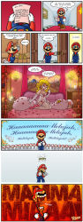 Rule 34 | 1boy, 1girl, absurdres, bed, bed sheet, blonde hair, blue eyes, breasts, brown hair, candle, cleavage, comic, crazy eyes, crazy smile, crown, door, earrings, facial hair, gloves, hat, highres, indoors, jewelry, lingerie, mario, mario (series), music, mustache, nintendo, note, open mouth, painting (object), pillow, princess peach, raccoon mario, singing, smile, speech bubble, super mario bros. 1, thebourgyman, toad (mario), underwear