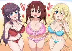 Rule 34 | 3girls, bad id, bad pixiv id, bare shoulders, bikini, blend s, blonde hair, blue background, blue bikini, blue eyes, blunt bangs, blush, breasts, brown eyes, brown hair, collarbone, crossover, deep skin, ebina nana, embarrassed, foreshortening, frilled bikini, frills, from above, front-tie bikini top, front-tie top, gradient background, hair between eyes, hair ribbon, hand on own breast, hand on own chest, heart, himouto! umaru-chan, hinata kaho, huge breasts, large breasts, legs together, long hair, looking at viewer, medium hair, mole, mole on breast, multicolored background, multiple crossover, multiple girls, navel, new game!, nose blush, one eye closed, open mouth, orange background, pink bikini, purple hair, red bikini, red ribbon, ribbon, shiny skin, shiromina, smile, standing, swimsuit, take your pick, takimoto hifumi, thigh gap, thighs, tongue, trait connection, twintails, two side up, v, wavy mouth, white background, yellow background