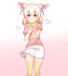 Rule 34 | 10s, 1girl, absurdres, animal ears, black hair, blonde hair, blush, bow, brown eyes, closed mouth, extra ears, fennec (kemono friends), fox ears, fox tail, hair between eyes, heart, highres, index finger raised, kemono friends, koi dance, looking at viewer, midriff peek, multicolored hair, navel, outline, pink sweater, pleated skirt, puffy short sleeves, puffy sleeves, short-sleeved sweater, short sleeves, skirt, smile, solo, ssogari, standing, sweatdrop, sweater, tail, thighhighs, two-tone background, white skirt, yellow bow, yellow thighhighs