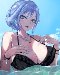 Rule 34 | 1girl, aqua eyes, bikini, black bikini, blue hair, blue nails, blush, bracelet, breasts, brws, cloud, collarbone, day, duel monster, earrings, frilled bikini, frills, front-tie bikini top, front-tie top, hair bun, highres, jewelry, large breasts, maiden of the aqua, nail polish, necklace, ocean, open mouth, outdoors, partially submerged, pearl necklace, seashell, shell, single hair bun, sky, solo, swimsuit, water, wet, yu-gi-oh!