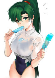 Rule 34 | 1girl, blue one-piece swimsuit, blush, breasts, competition swimsuit, covered navel, earrings, eating, fire emblem, fire emblem: the blazing blade, food, green eyes, green hair, high ponytail, hip focus, jewelry, large breasts, long hair, looking at viewer, lyn (fire emblem), nintendo, one-piece swimsuit, ormille, ponytail, popsicle, scrunchie, shirt, simple background, solo, swimsuit, swimsuit under clothes, tied shirt, white background, white shirt