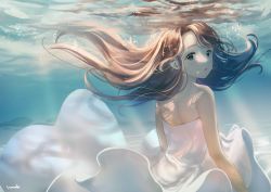 Rule 34 | 1girl, :o, air bubble, brown eyes, brown hair, bubble, commentary request, dress, from behind, hanako151, highres, looking at viewer, looking back, original, parted lips, signature, solo, strapless, strapless dress, underwater, upper body, water, white dress