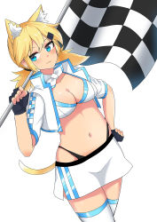 Rule 34 | 1girl, :3, alternate costume, animal ears, bad id, bad pixiv id, black gloves, blonde hair, blue eyes, breasts, capoki, cat ears, cat tail, checkered flag, cleavage, collarbone, cowboy shot, cropped jacket, fingerless gloves, flag, girls&#039; frontline, gloves, hair ornament, hairclip, hand on own hip, highleg, highres, holding, holding flag, idw (girls&#039; frontline), long hair, medium breasts, midriff, miniskirt, navel, race queen, shirt, simple background, skirt, smile, solo, tail, thighhighs, white background, white shirt, white thighhighs, zettai ryouiki