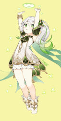 Rule 34 | 1girl, absurdres, arms up, bare shoulders, cobe, commentary request, dress, full body, genshin impact, gradient hair, green background, green eyes, green hair, grey hair, hair between eyes, highres, looking at viewer, multicolored hair, nahida (genshin impact), no shoes, parted lips, short shorts, shorts, shorts under dress, side ponytail, simple background, sleeveless, sleeveless dress, socks, solo, stirrup legwear, thighs, toeless legwear, white dress, white shorts, white socks