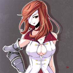 Rule 34 | 00s, 1girl, beatrix, blush, breasts, brown eyes, brown hair, cleavage, eyepatch, female focus, final fantasy, final fantasy ix, gauntlets, gradient background, hands on own hips, kichihachi, long hair, solo