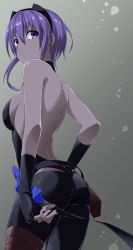 Rule 34 | 1girl, ass, back, backless outfit, bad id, bad pixiv id, bare back, bare shoulders, black gloves, black legwear, breasts, commentary request, dark-skinned female, dark skin, fate/prototype, fate/prototype: fragments of blue and silver, fate (series), fingerless gloves, from behind, from side, gloves, hairband, hassan of serenity (fate), highres, kamitsuki jack, looking back, looking to the side, medium breasts, purple eyes, purple hair, short hair, sideboob, solo