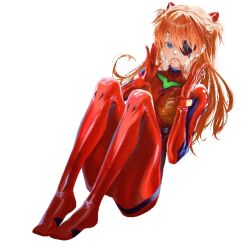 Rule 34 | 1girl, artist request, ass, blue eyes, bodysuit, breasts, brown hair, eyepatch, fetal position, full body, interface headset, lips, long hair, looking at viewer, neon genesis evangelion, pilot suit, plugsuit, rebuild of evangelion, red bodysuit, shiny clothes, simple background, skin tight, solo, souryuu asuka langley, traditional media, white background, wide hips