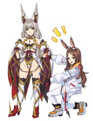 Rule 34 | 2girls, ahoge, animal ear fluff, animal ears, black gloves, boots, breasts, brown eyes, brown hair, character request, closed mouth, commentary, english commentary, gloves, grey hair, groin, half gloves, hands on own hips, highres, jacket, kamu (kamuuei), leotard, long hair, long sleeves, multiple girls, nia (blade) (xenoblade), nia (xenoblade), notice lines, on one knee, open clothes, open jacket, orange footwear, outstretched arms, parted bangs, puffy long sleeves, puffy sleeves, rabbit ears, shoes, simple background, small breasts, smile, thigh boots, thighhighs, v-shaped eyebrows, very long hair, white background, white footwear, white gloves, white jacket, white leotard, white thighhighs, xenoblade chronicles (series), xenoblade chronicles 2