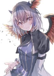 Rule 34 | 1girl, bird wings, black capelet, capelet, closed mouth, dress, grey hair, head tilt, head wings, hegata (hegatia lapis), highres, horns, long sleeves, looking at viewer, multicolored hair, purple dress, purple hair, red eyes, red wings, short hair, simple background, single head wing, smile, solo, striped clothes, striped dress, tokiko (touhou), touhou, two-tone hair, upper body, white background, wings