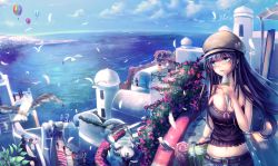 Rule 34 | 3girls, 5boys, aircraft, aqua eyes, bad id, bad pixiv id, bare arms, beach, belt, bird, black hair, blue sky, breasts, bush, chair, cleavage, cloud, collarbone, day, expressionless, feathers, flower, hat, highres, horizon, hot air balloon, ice cream cone, large breasts, lips, long hair, looking to the side, maru daizu (aqua6233), midriff, multiple boys, multiple girls, ocean, original, price tag, rolling suitcase, seagull, ship, sky, solo focus, suitcase, table, tank top, watercraft