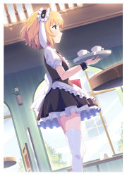 Rule 34 | 1girl, blonde hair, blouse, blunt bangs, center frills, commentary, cup, day, feet out of frame, fleur de lapin uniform, frilled cuffs, frilled hairband, frilled shirt, frills, from side, gochuumon wa usagi desu ka?, green eyes, hairband, highres, holding, holding tray, indoors, kagami (galgamesion), kirima syaro, light smile, profile, puffy short sleeves, puffy sleeves, resolution mismatch, shirt, short hair, short sleeves, solo, source larger, thighhighs, tray, waitress, white shirt, white thighhighs, window, wrist cuffs, zettai ryouiki