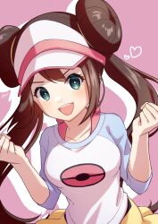 Rule 34 | 1girl, brown hair, clenched hands, creatures (company), double bun, game freak, green eyes, hair bun, heart, highres, long hair, looking at viewer, nintendo, open mouth, pink background, pokemon, pokemon bw2, rosa (pokemon), shirt, teeth, twintails, upper body, upper teeth only, visor cap, w arms, wakame1441