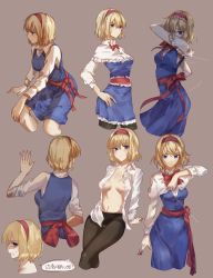 Rule 34 | 1girl, absurdres, adapted costume, alice margatroid, anger vein, arm support, arm up, bad id, bad pixiv id, black panties, black pantyhose, blonde hair, blue eyes, blue skirt, blush, breasts, brown background, capelet, character sheet, commentary request, cropped legs, crossed legs, dress, dripping, expressionless, from behind, hair between eyes, hairband, highres, jpeg artifacts, long sleeves, looking at viewer, looking away, medium breasts, meng ziya, multiple views, open clothes, open shirt, panties, panties under pantyhose, pantyhose, sash, shirt, short dress, short hair, simple background, sitting, skirt, skirt set, sleeves pushed up, speech bubble, string, thighband pantyhose, touhou, translated, underwear, vest, white shirt