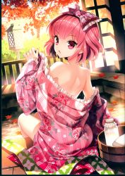 Rule 34 | 1girl, :o, absurdres, autumn leaves, back, bare shoulders, bottle, bow, bucket, bush, day, dutch angle, floral print, frilled bow, frilled kimono, frills, from behind, furyou michi ~gang road~, gang road joker, hair bow, highres, huge filesize, japanese clothes, kimono, kimono pull, long sleeves, looking at viewer, looking back, milk bottle, nardack, non-web source, off shoulder, onsen, parted lips, pink bow, pink eyes, pink hair, pink kimono, print bow, print kimono, scan, short hair, sitting, soaking feet, solo, sunlight, takarazuka marimo, tree, tsurime, undressing, v-shaped eyebrows, water, wide sleeves, wooden bucket, yukata