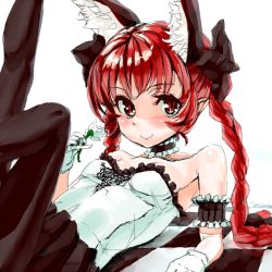 Rule 34 | 1girl, alternate costume, animal ears, bare shoulders, bow, braid, cat ears, extra ears, feet out of frame, gloves, kaenbyou rin, legs up, long hair, looking at viewer, multiple tails, pantyhose, pointy ears, polpol, red eyes, red hair, sketch, smile, tail, touhou, twin braids