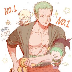 Rule 34 | 1boy, bandana around arm, chibi, chibi inset, earrings, green hair, highres, jewelry, long sideburns, looking at viewer, male focus, one piece, open clothes, roronoa zoro, scar, scar across eye, scar on chest, scar on face, short hair, sideburns, smile, solo, sword, weapon, ynnn m