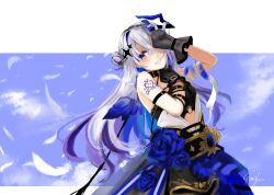 Rule 34 | 1girl, absurdres, amane kanata, amane kanata (another world), arm up, bare shoulders, black collar, black dress, black gloves, blue hair, blue sky, blue wings, cloud, collar, commentary request, day, dress, feathered wings, feathers, gloves, grey hair, gurifu, hair between eyes, hair bun, highres, hololive, looking at viewer, mini wings, multicolored hair, one eye covered, purple eyes, single hair bun, single side bun, sky, smile, solo, two-tone hair, virtual youtuber, white feathers, wings