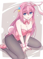 Rule 34 | 1girl, animal ears, bare shoulders, between legs, black pantyhose, blush, bocchi the rock!, bow, breasts, cleavage, collar, cube hair ornament, detached collar, e20, fake animal ears, full body, gotoh hitori, green eyes, hair between eyes, hair ornament, hairband, hand between legs, high heels, highres, leotard, long hair, looking at viewer, medium breasts, one side up, pantyhose, parted lips, pink bow, pink footwear, pink hair, pink leotard, playboy bunny, rabbit ears, rabbit tail, shoe soles, solo, strapless, strapless leotard, tail, very long hair, white collar, white hairband, wing collar, wrist cuffs
