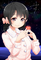 Rule 34 | 1girl, black hair, blush, bow, buttons, coat, copyright request, hair bow, heart, holding, looking at viewer, ocean, purple eyes, red disappointment, short twintails, sky, smile, solo, star (sky), starry sky, twintails, winter clothes, winter coat