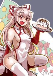 Rule 34 | 1girl, alternate costume, bare shoulders, blush, bow, breasts, cake, china dress, chinese clothes, christmas ornaments, christmas tree, covered navel, dress, elbow gloves, food, fujiwara no mokou, gloves, hair bow, heiseikorotaisei, hime cut, long hair, looking at viewer, medium breasts, no bra, no panties, open mouth, pelvic curtain, red eyes, red gloves, red thighhighs, shiny skin, side slit, sideboob, sidelocks, silver hair, sitting, solo, thighhighs, touhou, tray, very long hair