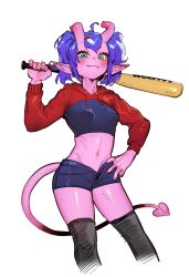 1girl baseball_bat blue_eyes blush breasts character_request colored_skin covered_erect_nipples cropped_hoodie demon_tail edie_crop_hoodie green_eyes hand_on_own_hip holding holding_weapon hood hoodie horns kkyattyu looking_down medium_breasts meme_attire nails navel nyatsu onii_nya pink_skin pointy_ears purple_hair shorts sketch smile tail thighhighs weapon white_background