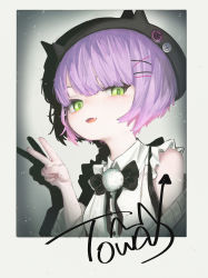 Rule 34 | 1girl, absurdres, animal hat, badge, bare shoulders, black bow, black hat, blush, bow, button badge, fang, frills, green eyes, hair ornament, hat, highres, hololive, hwoi (hw 123), open mouth, photo (object), purple hair, short hair, signature, skin fang, solo, tokoyami towa, tongue, upper body, v, virtual youtuber