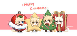 Rule 34 | 4girls, :d, ;3, ahoge, animal ear fluff, animal ears, arknights, blemishine (arknights), blonde hair, blue eyes, box, brown eyes, christmas ornaments, christmas tree costume, closed mouth, gift, gift box, hair between eyes, horse ears, horse girl, horse tail, long hair, merry christmas, multiple girls, nearl (arknights), one eye closed, open mouth, pink background, platinum (arknights), short eyebrows, sidelocks, smile, star (symbol), star costume, supershrimpcakes, tail, thick eyebrows, twitter username, two-tone background, whislash (arknights), white background, white hair