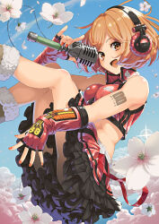 Rule 34 | 1girl, arm tattoo, ass, blue sky, blush, bob cut, boots, breasts, brown eyes, brown hair, bubble skirt, cherry blossoms, cloud, crop top, fingerless gloves, frilled skirt, frills, fur-trimmed boots, fur trim, gloves, happy, headphones, holding, holding microphone, idol, light brown hair, looking at viewer, medium breasts, microphone, midriff, music, nail polish, open mouth, petals, red nails, sakine meiko, short hair, singing, skirt, sky, solo, tattoo, tenshu (mighto), vocaloid