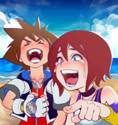 Rule 34 | &gt; &lt;, 1boy, 1girl, artist request, beach, blue eyes, brown hair, closed eyes, jacket, kingdom hearts, laughing, open mouth, pointing, red hair, short hair, smile, sora (kingdom hearts), source request, square enix, tears, teeth, tongue