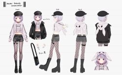 Rule 34 | 1girl, absurdres, animal ears, belt, beret, black choker, black footwear, black hat, black jacket, black shorts, blush, boots, character sheet, choker, closed mouth, crop top, full body, gradient hair, hair between eyes, hair ornament, hat, high heels, highres, hood, hoodie, jacket, jimmy madomagi, long sleeves, looking at viewer, midriff, multicolored hair, multiple views, navel, official alternate costume, official art, open clothes, open jacket, pantyhose, piercing, purple eyes, purple hair, shoes, short hair, shorts, simple background, sleeves past wrists, smile, solo, standing, thigh strap, tosaki mimi, tosaki mimi (3rd costume), two-tone hair, virtual youtuber, vspo!, white background