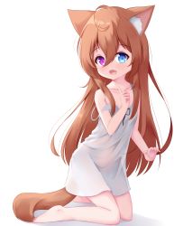 Rule 34 | 1girl, absurdres, ahoge, animal ear fluff, animal ears, barefoot, brown hair, cat ears, cat tail, child, dress, fang, finger to mouth, heterochromia, highres, index finger raised, kianata, kneeling, long hair, looking at viewer, open mouth, original, short dress, simple background, sleeveless, sleeveless dress, smile, solo, strap slip, sundress, tail, toes, white background, white dress