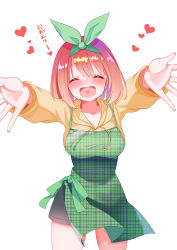 Rule 34 | 1girl, absurdres, apron, blush, breasts, closed eyes, collarbone, facing viewer, go-toubun no hanayome, green apron, hairband, heart, heart in mouth, highres, large breasts, nakano yotsuba, open mouth, orange hair, outstretched arms, piyopoyo, short hair, smile, solo, swept bangs, translation request