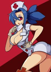 Rule 34 | absurdres, ass, blue hair, breasts, eyepatch, eyeshadow, gloves, hand on own hip, hat, highres, kero5110, large breasts, latex, latex gloves, makeup, mask, mask pull, mouth mask, nurse cap, open mouth, ponytail, red background, red eyes, skullgirls, surgical mask, twisted torso, valentine (skullgirls)